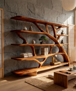 Wavy Sculptural Solid Wood Bookcase with Asymmetrical Shelves