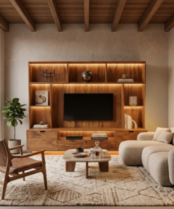 Solid Wood TV Wall Unit with LED Lit Shelves and Cabinets