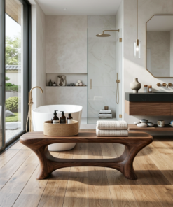 Sculpted Solid Wood Bathroom Bench with Center Shelf