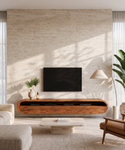 Modern Floating Solid Wood TV Console with Rounded Contours