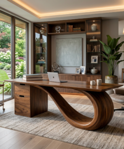 Modern Solid Wood Desk with Curved Sculptural Base and Drawers