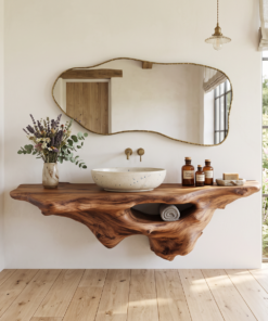 Solid Oak Live Edge Wall-Hung Bathroom Vanity Shelf, Farmhouse