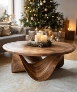 Round Solid Wood Coffee Table with Flowing Sculptural Base