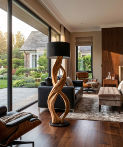 Twisted Solid Wood Sculptural Floor Lamp with Simple Shade