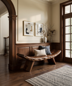 Rustic Live Edge Solid Wood Entryway Bench with Organic Curves