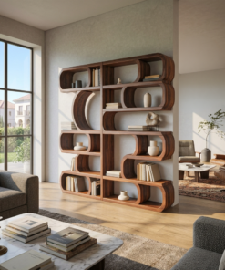 Modern Sculptural Solid Wood Bookshelf with Symmetrical Curves