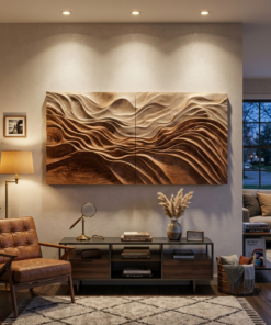 Large Sculptural Solid Wood Wall Art with Flowing Wave Design