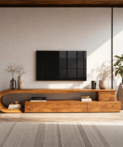 Modern Curved Solid Wood TV Console with Drawers and Open Shelf