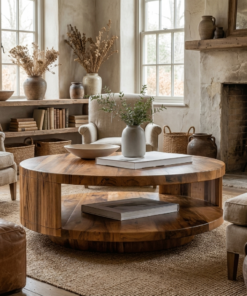Modern Round Solid Wood Coffee Table with Lower Shelf