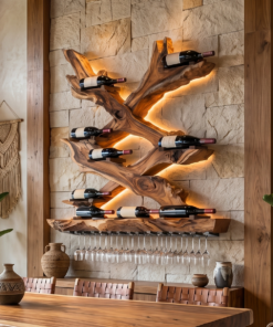 Monkeypod Wood Wall Wine Rack with Mid-Century Rustic Style