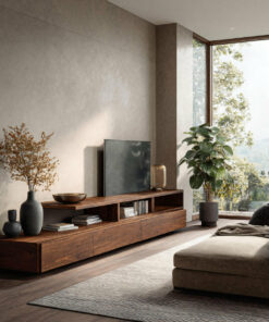 Low Solid Wood TV Console with Open Shelves and Cabinets
