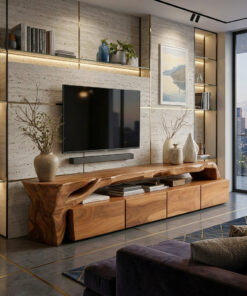 Live Edge Solid Wood TV Stand with Drawers and Open Shelves