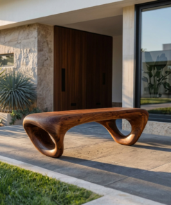 Solid Wood Sculptural Outdoor Bench with Hollow Curved Form