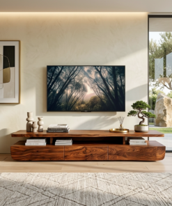 Contemporary Solid Wood TV Cabinet with Storage Drawers and Open Shelf
