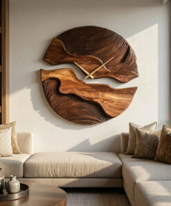Carved Solid Wood Wall Clock with Organic Split Form