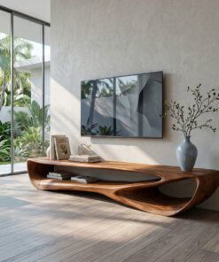 Curved Solid Wood Low TV Console with Open Center