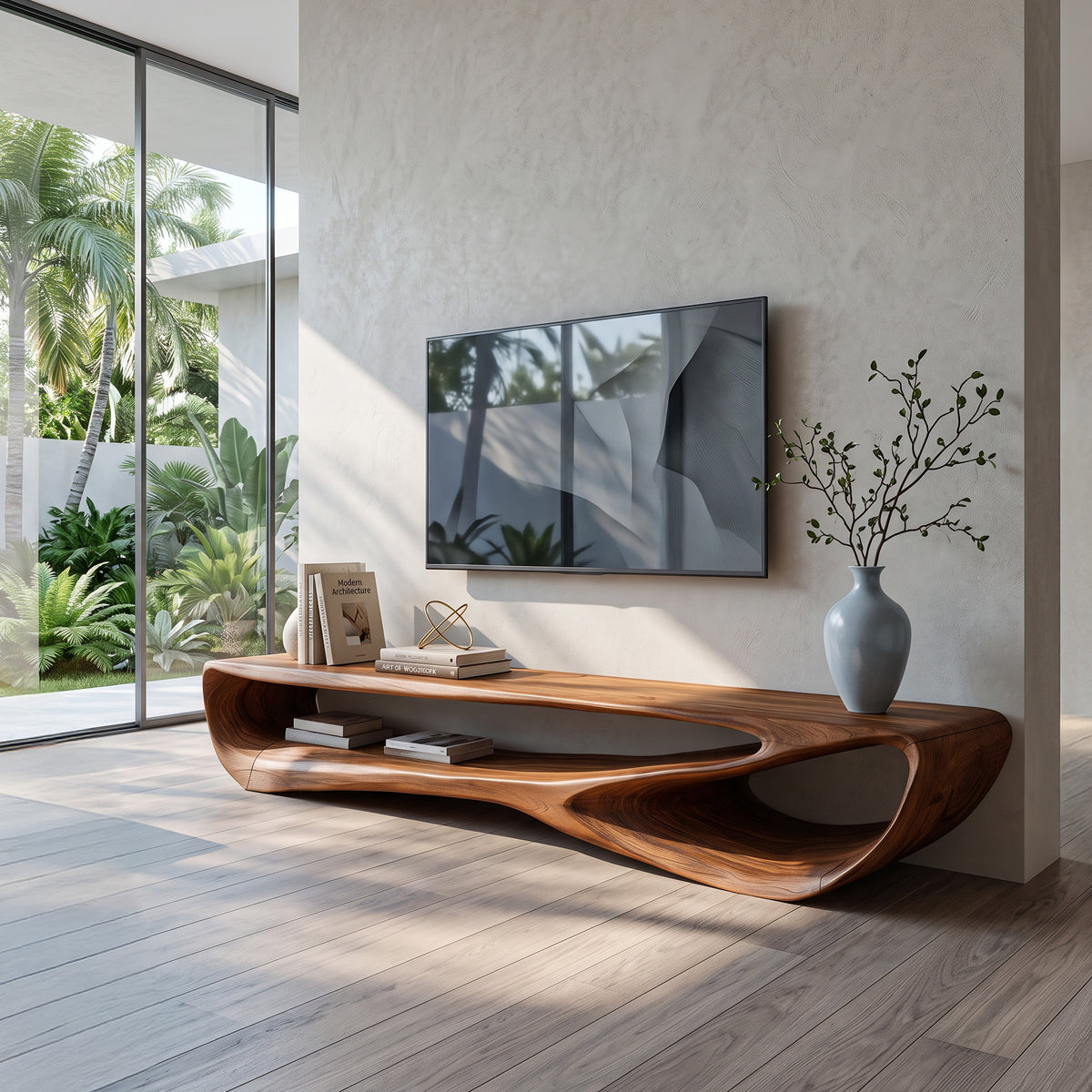 Curved Solid Wood Low TV Console with Open Center