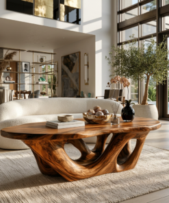 Solid Wood Sculptural Coffee Table with Open Loop Base