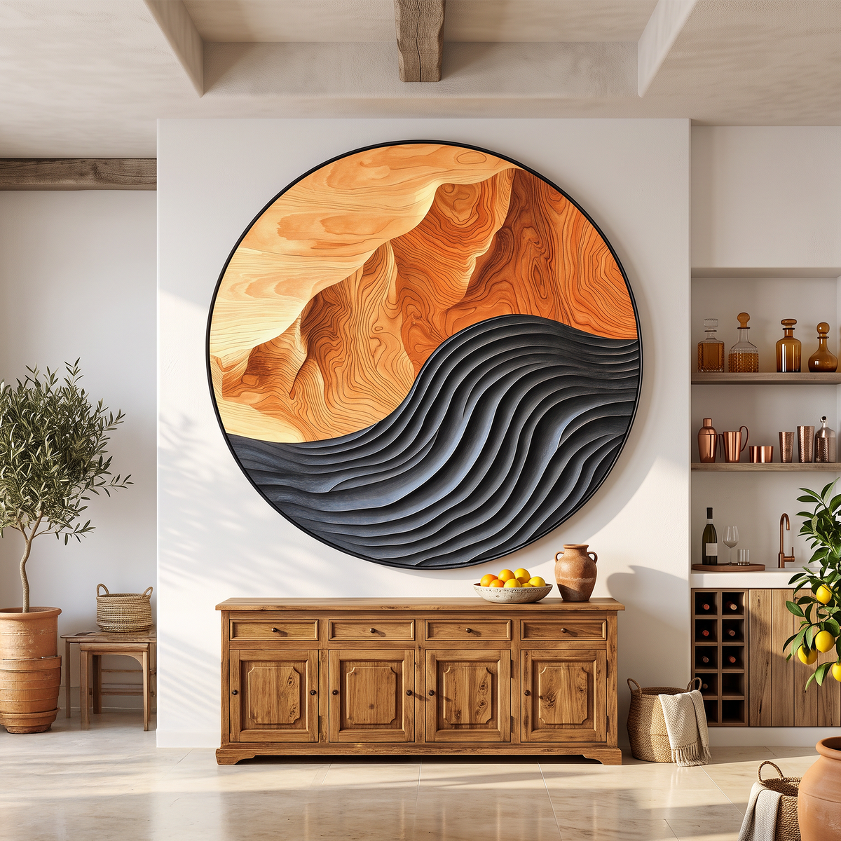 Hand-Carved Solid Hardwood Wave Wall Sculpture, Mid-Century Style