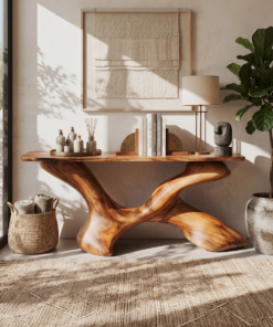 Mid-Century Solid Wood Foyer Console Table with Natural Knots