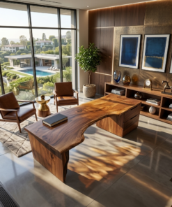 Organic Live Edge Solid Wood Desk with Built-In Drawers