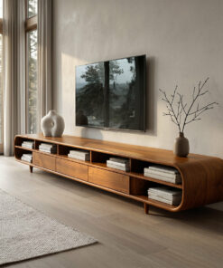 Mid-Century Solid Wood TV Cabinet with Drawers and Open Shelves