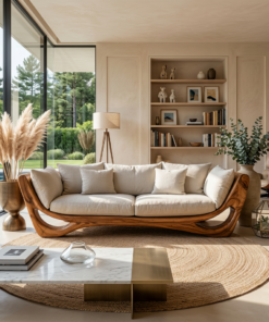 Modern Sculptural Solid Wood Frame Sofa with Cushions