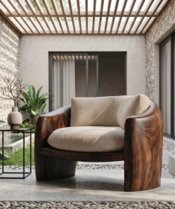 Modern Organic Wood Lounge Chair with Sculpted Frame and Cushions