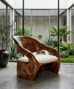 Organic Sculptural Solid Wood Lounge Chair with Wide Seat