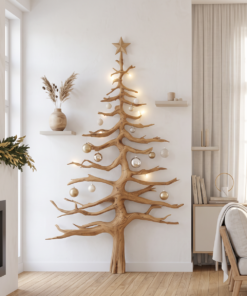 Rustic Pine Tree Wall Shelf with Carved Wood Branches