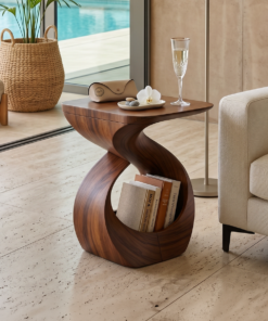 Contemporary Curved Solid Wood End Table with Open Sculptural Base