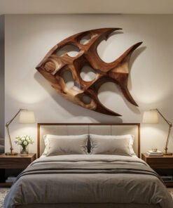 Fish Inspired Sculptural Solid Wood Wall Art with Open Voids