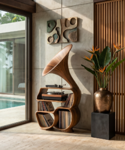 Tall Mid-Century Solid Wood Record Player Stand with Cube Profile