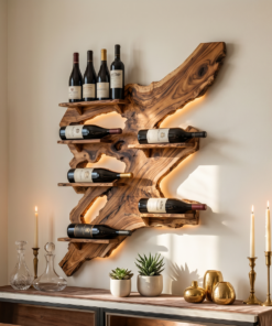 Rustic Monkey Pod Wood Wall Wine Rack for Home Bar