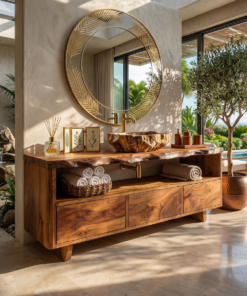Mid-Century Solid Wood Wall-Mount Bathroom Vanity, Live Edge