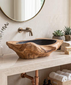Hand-Carved Solid Hardwood Vessel Sink with Water-Resistant Seal