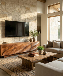 Solid Wood TV Cabinet with Carved Wave Doors
