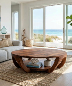 Round Solid Wood Coffee Table with Open Shelf Base