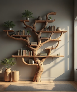 Wall Mounted Tree Branch Corner Bookshelf in Natural Wood