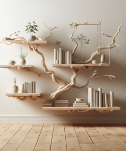 White Tree Branch Floating Bookshelf in Carved Solid Wood