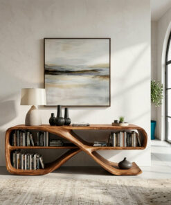 Modern Organic Wave Console Table in Solid Wood with Open Shelves