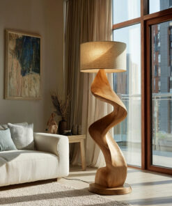Sculptural Twisted Solid Wood Floor Lamp with Fabric Shade