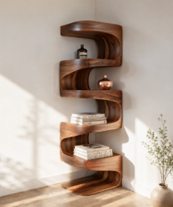 Modern Corner Wave Bookshelf in Solid Wood with Tiered Shelves