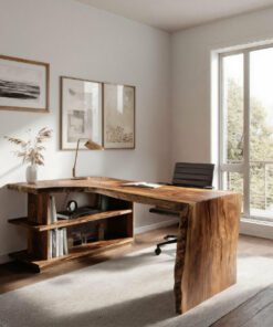 Solid Wood L-Shaped Desk with Built-In Bookshelf and Live Edge