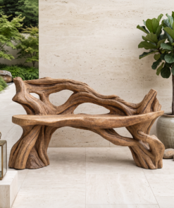 Hand Carved Solid Wood Branch Bench for Garden and Entry