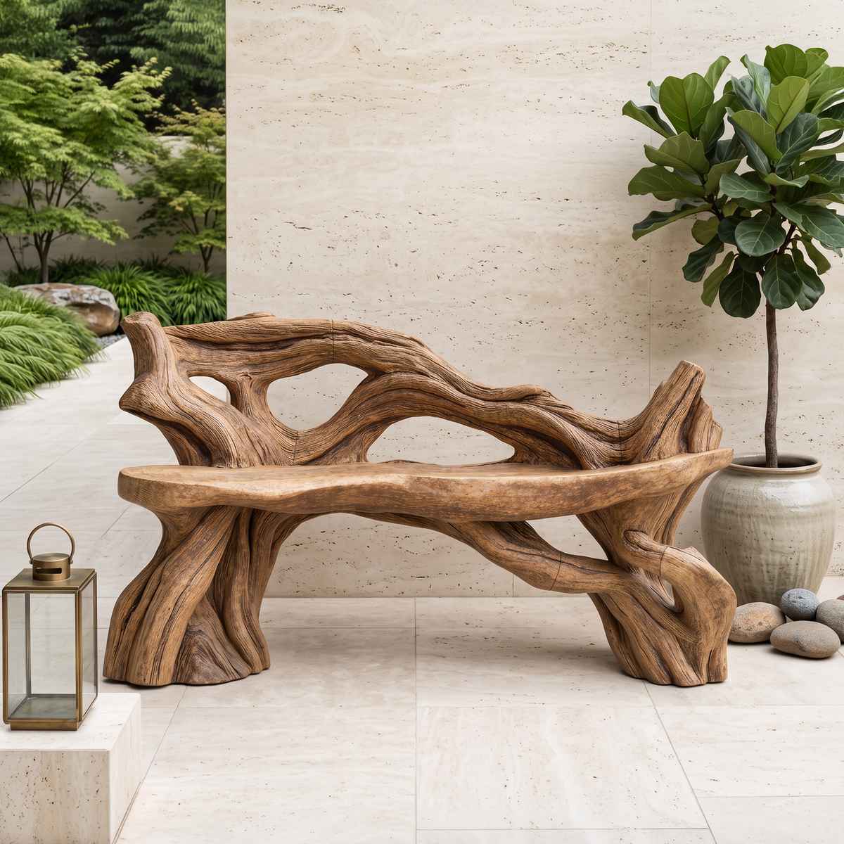Hand Carved Solid Wood Branch Bench for Garden and Entry