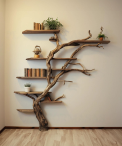 Narrow Corner Tree Branch Wall Shelf in Dark Brown, 84 in Tall