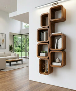 Wall-Mounted Solid Wood Bookshelf with Interlocking Squares