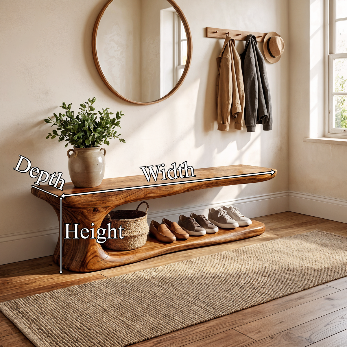 Rustic Live Edge Solid Wood Shoe Bench for Entryway - Image 8
