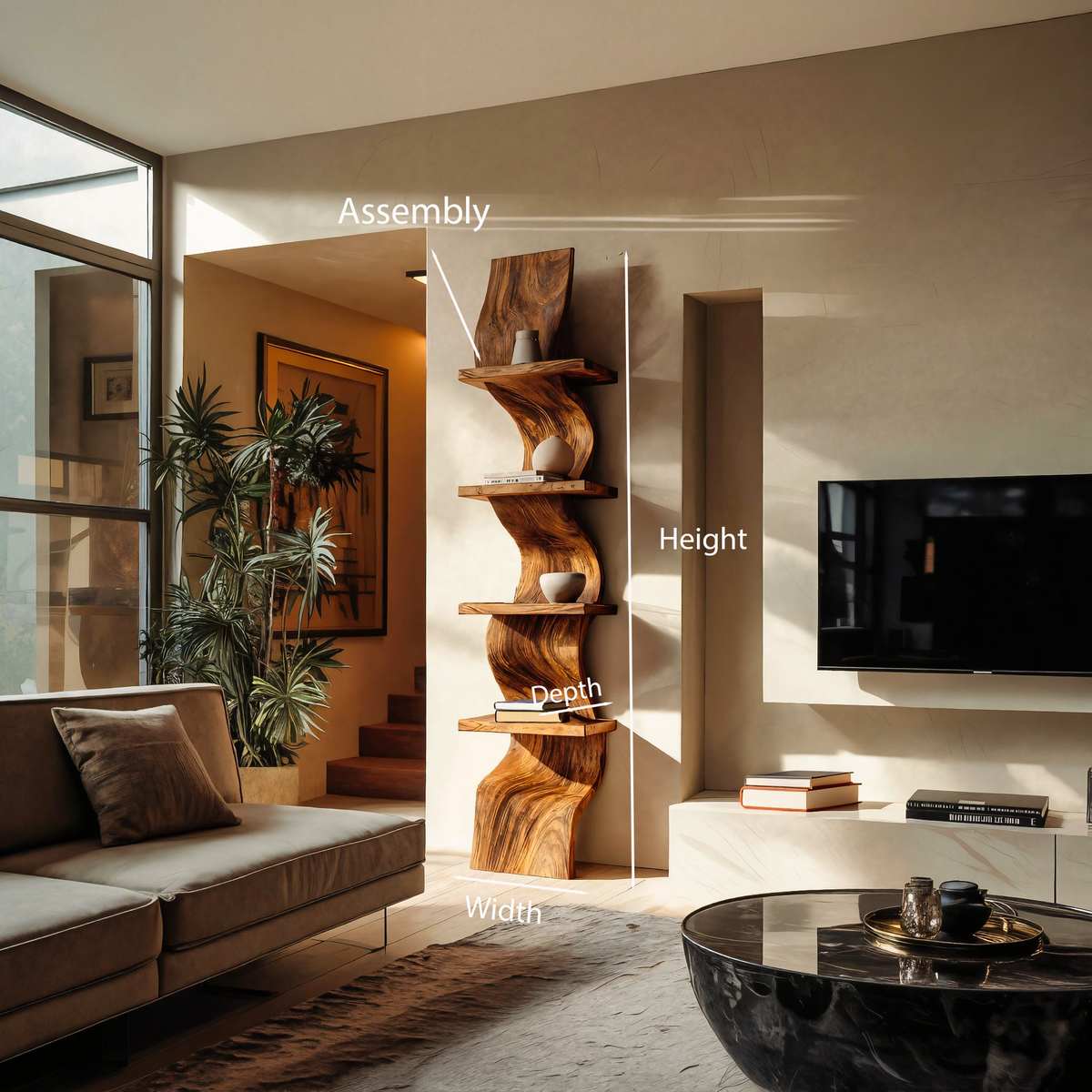 Curved Wave Solid Wood Floating Shelf with Central Spine - Image 8